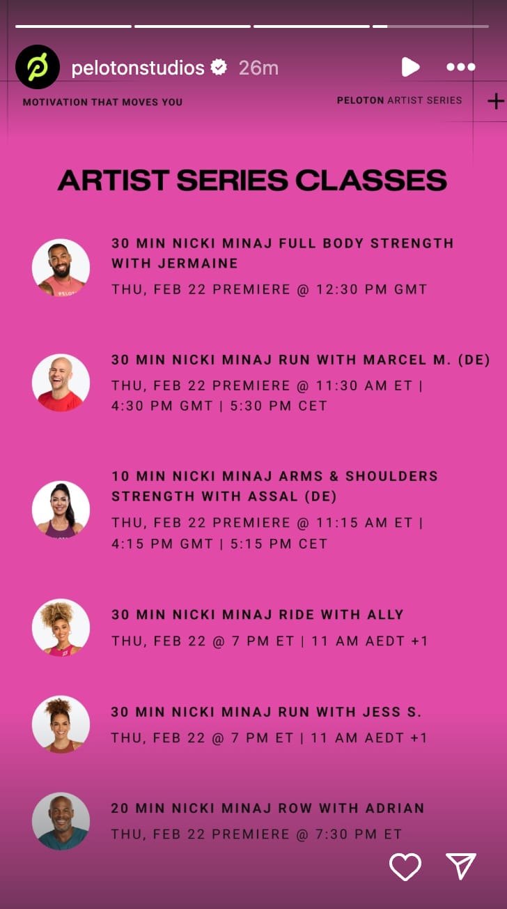 Peloton's Nicki Minaj class list. Image credit Peloton social media.
